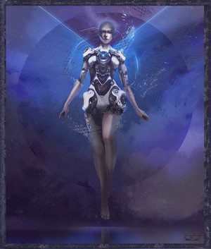 Cyborg woman with mechanical wings and blue energy