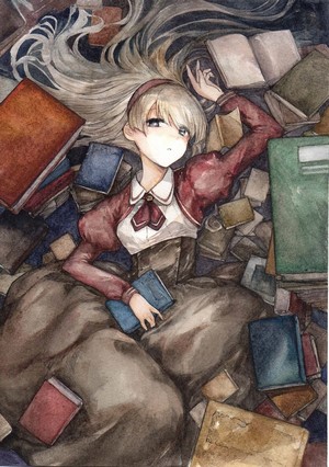 Anime girl with blonde hair lying in books
