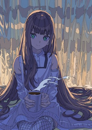 Anime girl with long hair holding a coffee cup