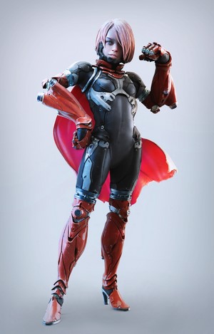 Woman in futuristic armor with red cape