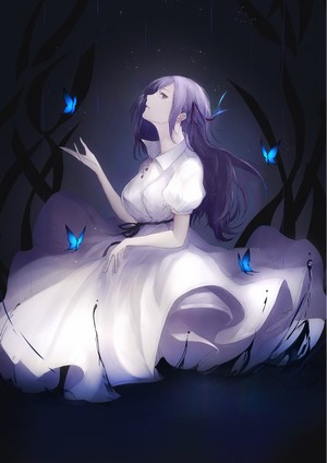 Anime girl with purple hair and blue butterflies