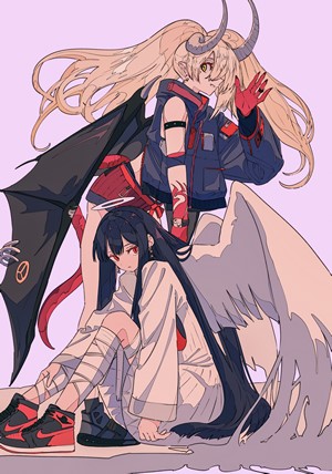 Anime girls with wings and horns