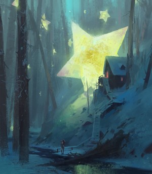 Winter forest with giant star and cabin by Nikolai Litvinenko