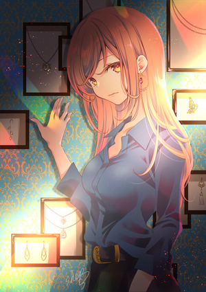 Anime girl with brown hair looking at jewelry