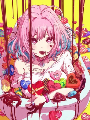 Riamu Yumemi surrounded by chocolates