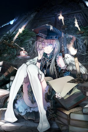 Anime girl with hat and wings reading a book
