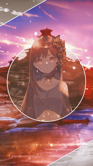 Anime girl with butterflies in hair at sunset