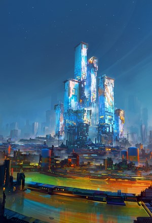 Futuristic city skyline with glowing skyscrapers and river