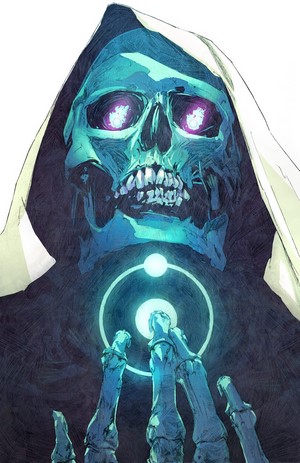 Artwork of a skeletal figure with glowing eyes