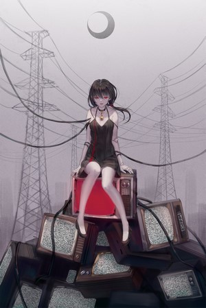 Anime girl with red eyes sitting on TVs near power lines