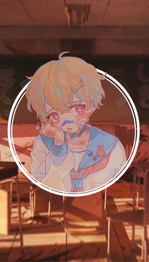 Anime boy with bandages in a classroom