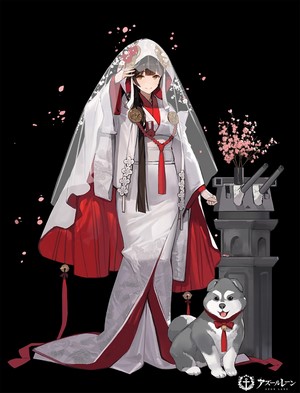 Takao from Azur Lane in wedding attire with a dog