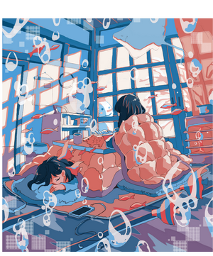 Anime girls sleeping under a kotatsu with fish decorations
