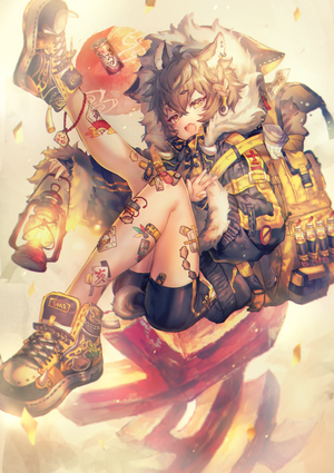 Anime boy with animal ears and tail holding lantern