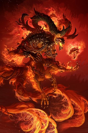 Fiery demon with horns and chains