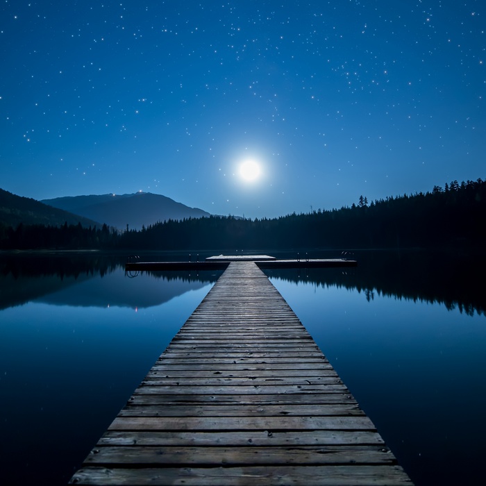 Moonlight, Nightscape, 4K, Moon, Stars, Mountains, Reflections, Lake, Dock