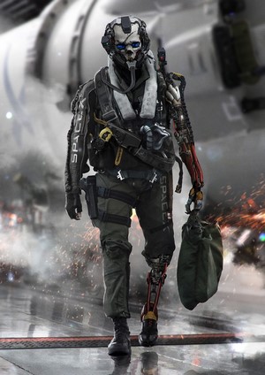 Cyborg soldier with SpaceX gear and prosthetic limb