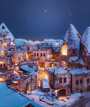 Cappadocia Turkey Winter Night Snowscape with Stars