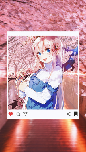 Anime girl with pink hair and blue eyes in denim overalls