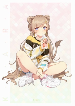 Anime girl with lion ears drinking a beverage
