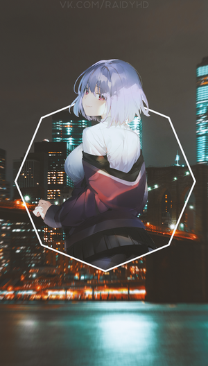 Shinjou Akane from SSSS.GRIDMAN in front of a city skyline