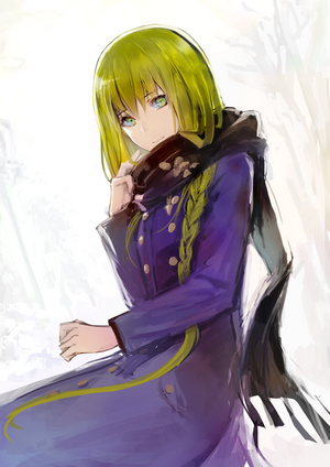 Anime girl with green hair and green eyes wearing a scarf