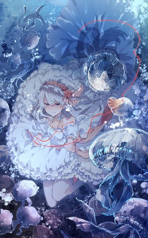 Anime girl in a white dress surrounded by jellyfish