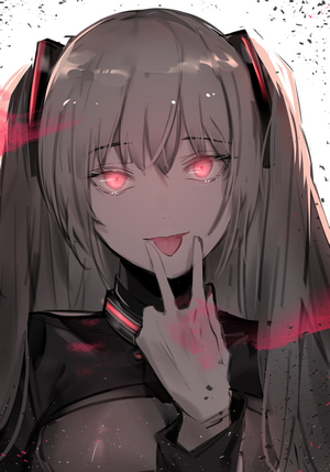 Anime girl with pink glowing eyes and grey hair