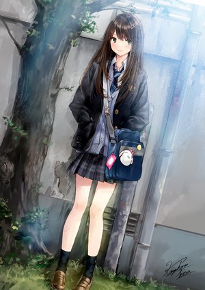 Anime girl with green eyes and school uniform
