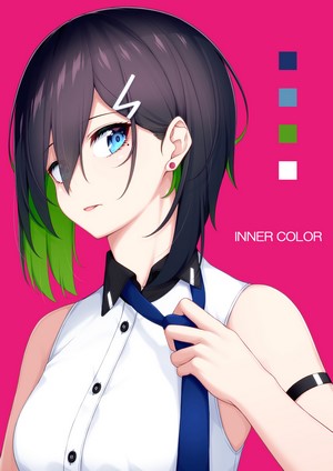 Anime girl with short dark hair and green highlights adjusting tie