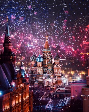 Saint Basil's Cathedral and fireworks over Moscow