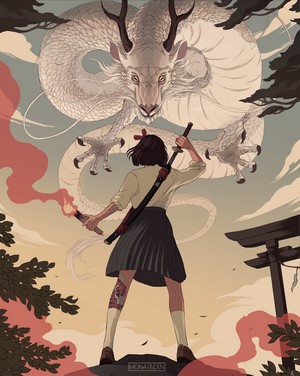 Inked Schoolgirl Facing Serene Dragon by Mona Finden