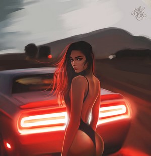 Woman in swimsuit by car, digital painting by Kelly Cox