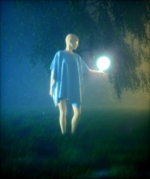 Surreal artwork of a figure holding a glowing orb