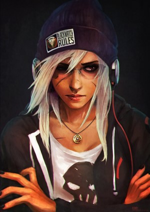 Widowmaker from Overwatch wearing a beanie and headphones