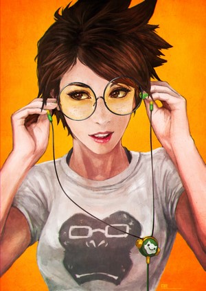 Tracer from Overwatch wearing glasses and headphones