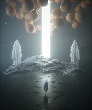 Surreal 3D abstract scene with glowing portal