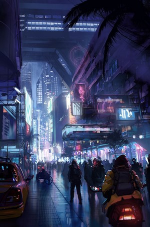 Cyberpunk city street with neon lights and people