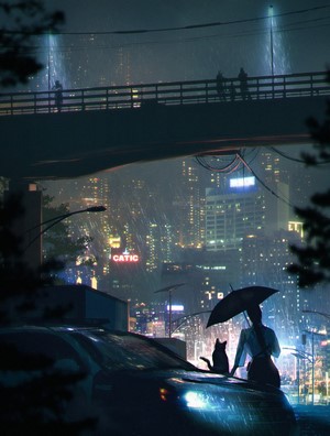 Cyberpunk city at night with a person and cat under an umbrella