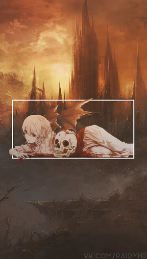 Anime girl with wings and a skull in a dark fantasy landscape