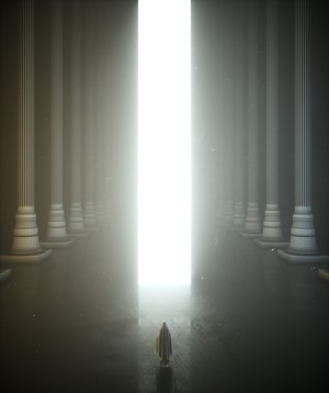 Figure in a grand hall with bright light