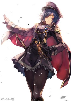 Anime girl in military uniform with blue hair and glowing eyes