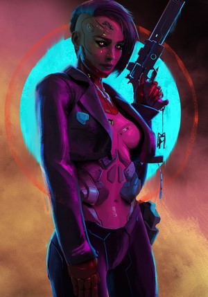 Cyborg woman with gun, digital painting