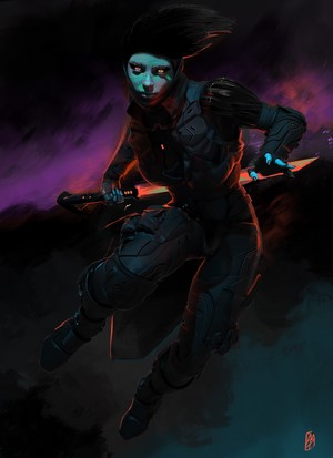 Cyberpunk woman with glowing eyes and swords