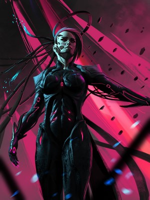 Cyborg woman with pink accents in a futuristic setting