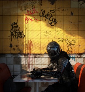 Futuristic SWAT officer in Los Angeles diner