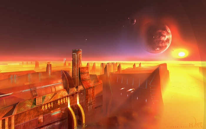 Sci-fi city with planets in the sky