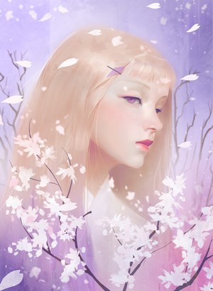 Anime girl with blonde hair and purple eyes surrounded by cherry blossoms
