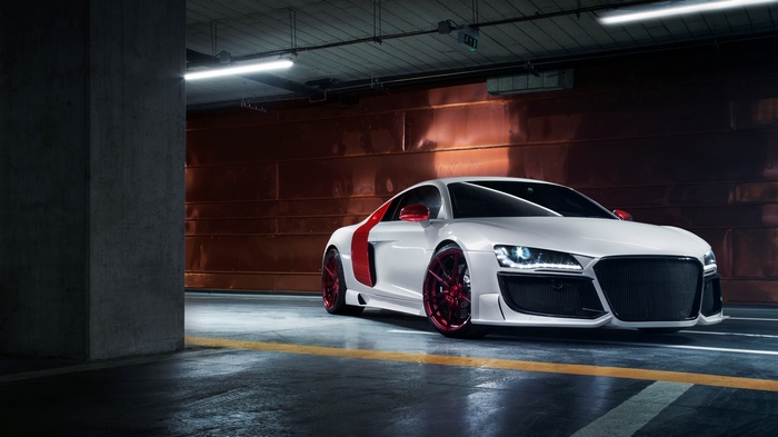 White Audi R8 with Red Accents in Parking Garage