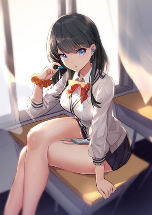 Anime girl in school uniform with headphones